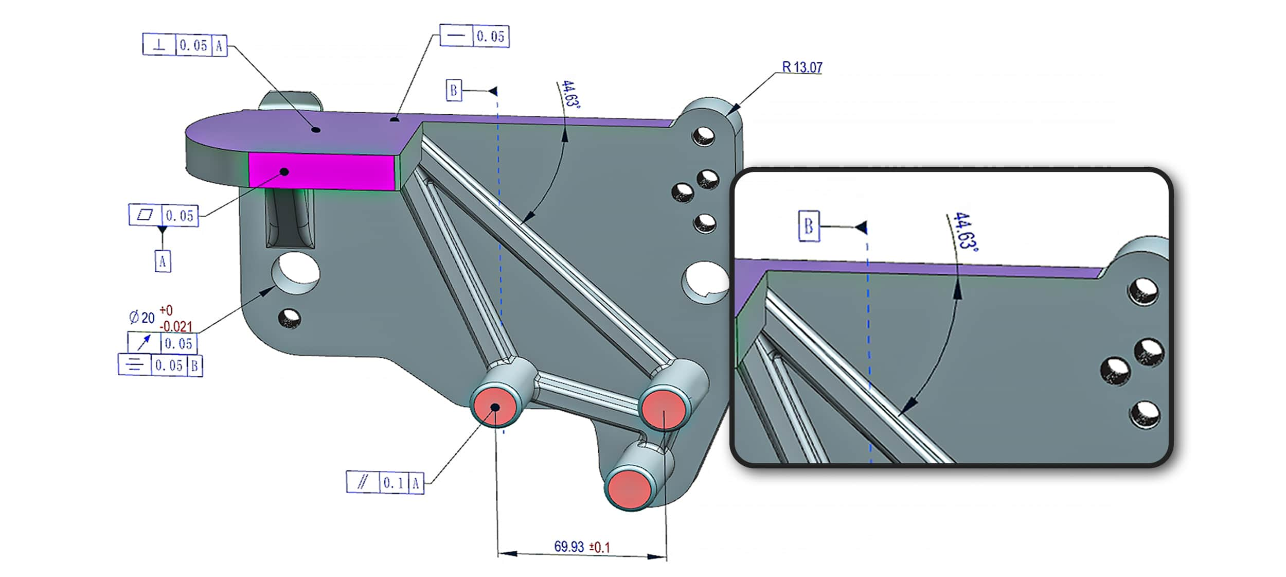 Sample of angular dimensions for CNC machining parts, indicating angles between features of the part