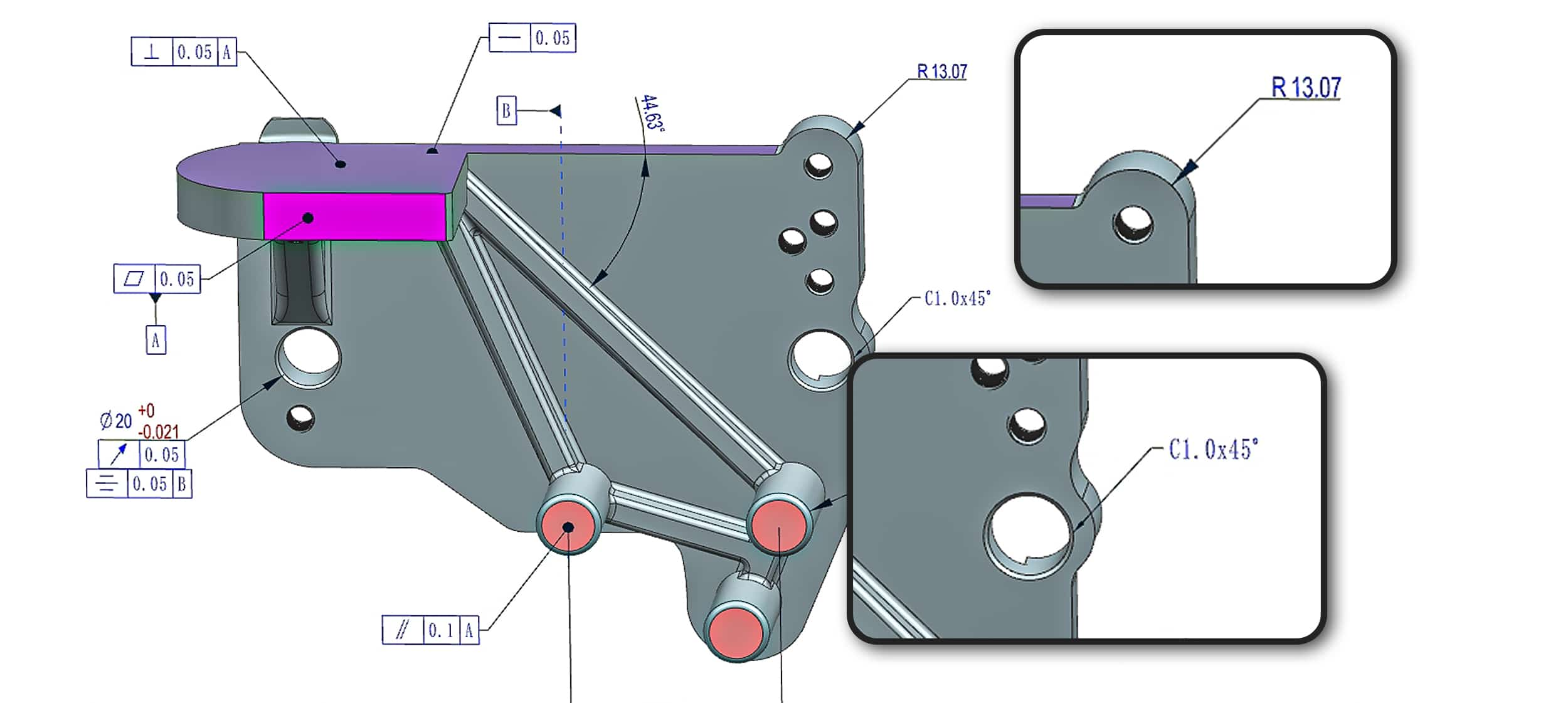 Example of external radius and chamfer heights for CNC machining parts, demonstrating curved and angled edges