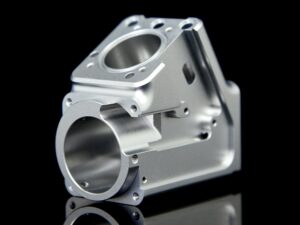 High-precision CNC machined aluminum part with a complex geometric design.